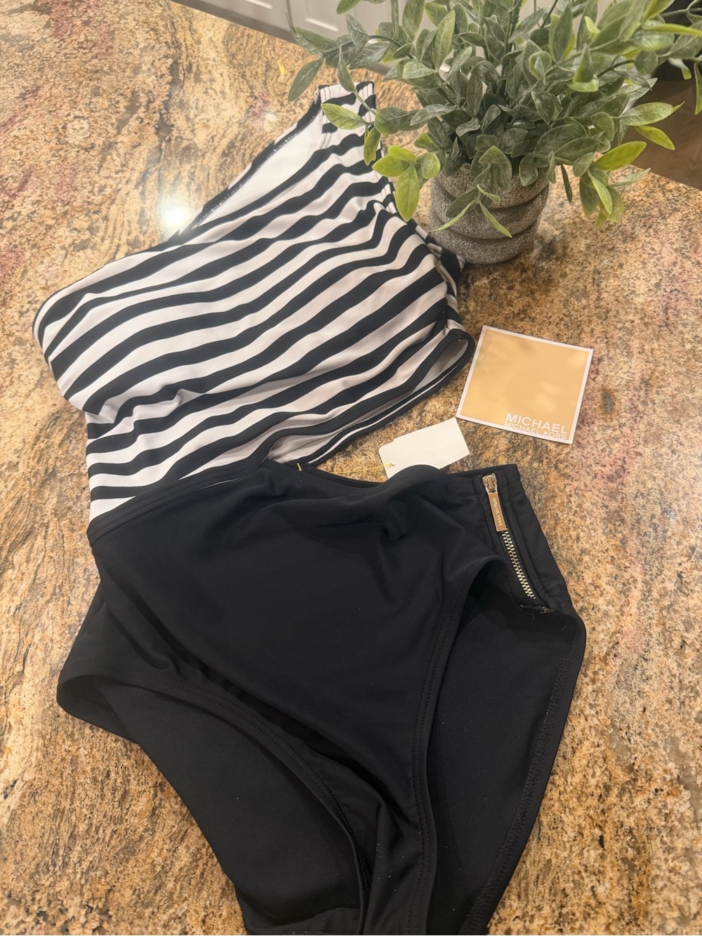 NWT size-6 Michael Kors Black & White Stripe One Shoulder One-Piece Swimsuit